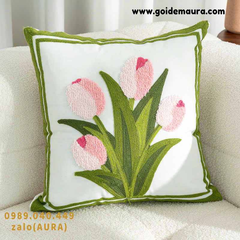 Gối Thêu Hoa Tulip Hồng